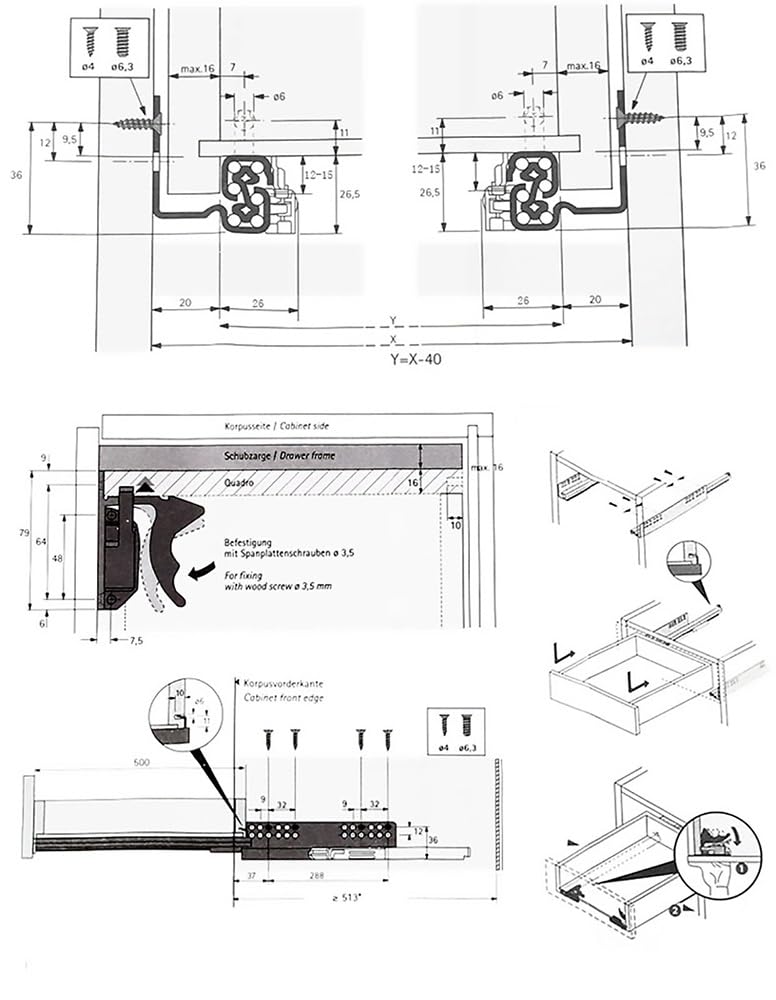 Guide per cassetti per carichi pesanti, Guide for cassetti nascoste a estrazione totale con chiusura ammortizzata sottotop, confezione da 2, argento, 300-500 mm(350mm/14inch)