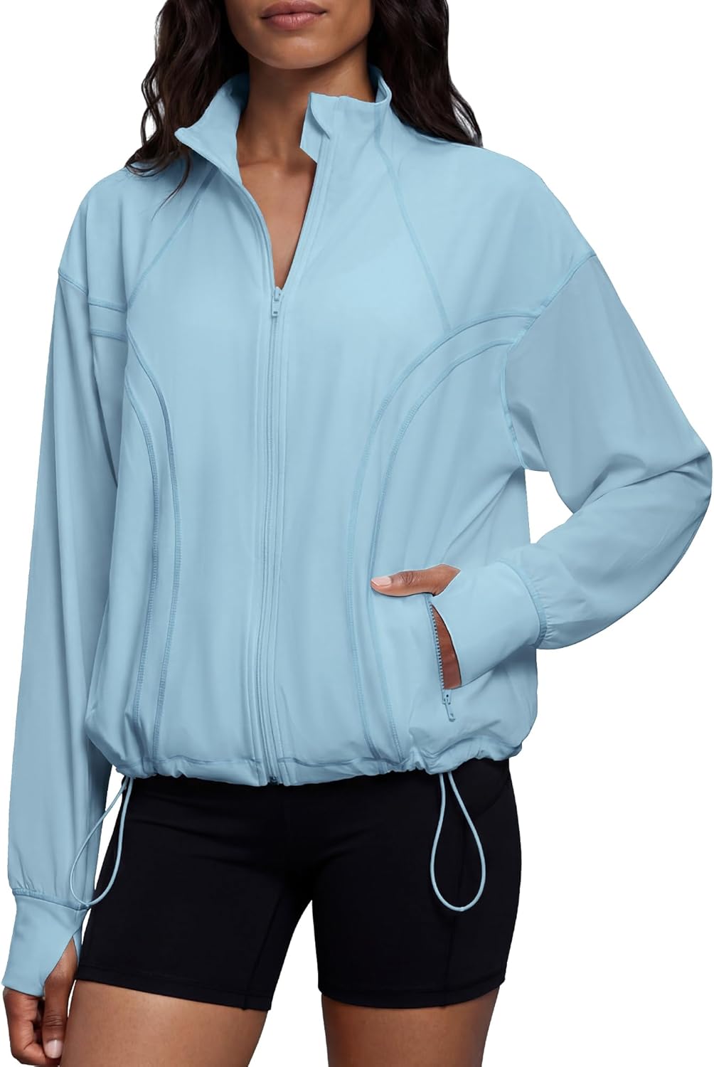 Locachy Women's Oversized Cropped Running Workout Jacket Casual Athletic Jacket Hiking Cycling Active Tops with Thumbholes