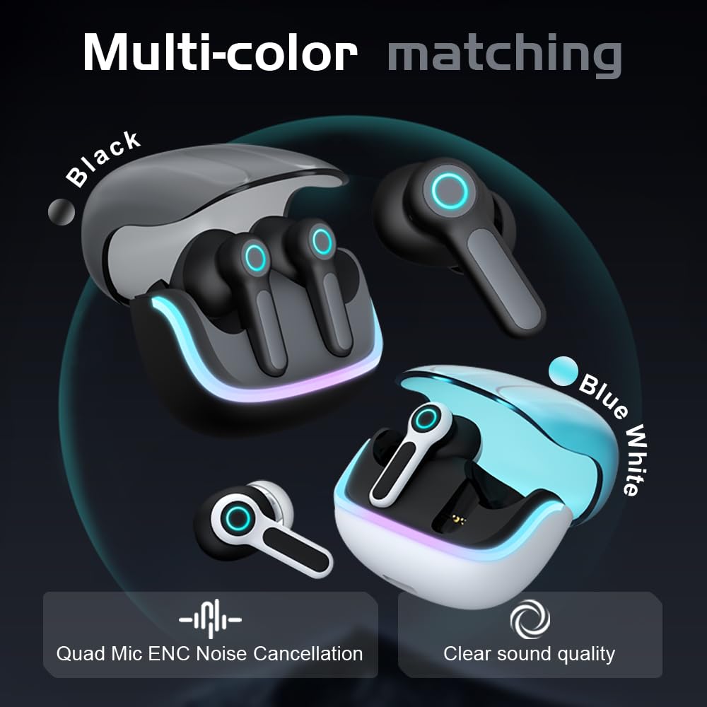 G07 - Auricolari wireless con luce LED RGB da gioco, 40 ms, bassa latenza, doppia modalità di gioco e musica, cuffie wireless con 40 ore di lavoro IPX5 impermeabili (nero)