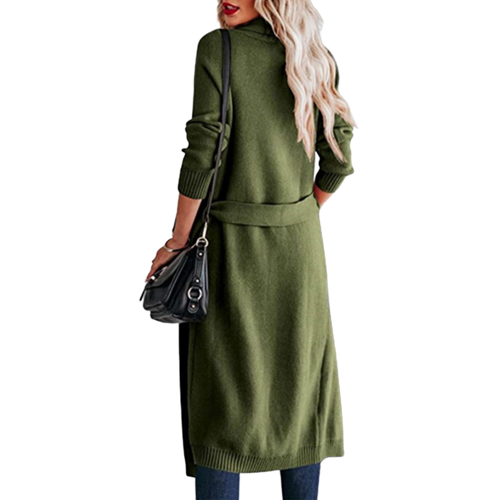 Cárdigan largo para mujer con cinturón, cuello en V, manga larga, informal, cómodo, cárdigan elegante, con frente abierto, cómodo abrigo de punto