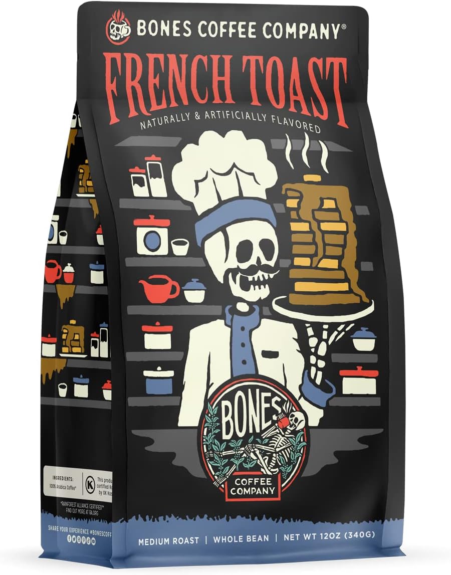 Bones Coffee Company French Toast Flavored Ground Coffee Beans Sweet & Buttery Flavor | 12 oz Flavored Coffee Gifts | Low Acid Medium Roast Coffee Beverages (Ground)