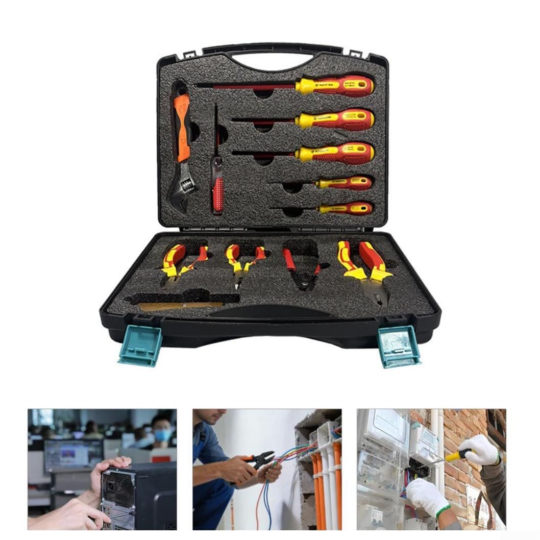 Set Utensili Elettricisti 12 Isolati con Valigetta, Pinze e Cacciaviti in per acciaio per Riparazioni Domestiche e per fai da Te, Custodia per portatile 330x270mm