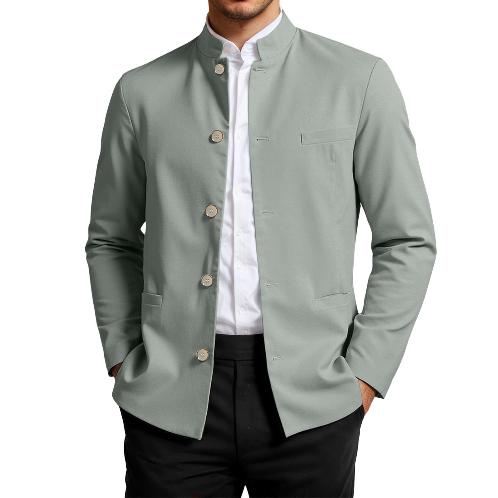 Generisch Sakko Blazer à col montant pour homme - Veste en lin fine - Couleur unie - Coupe droite - Veste en lin légère - Veste d'affaires formelle