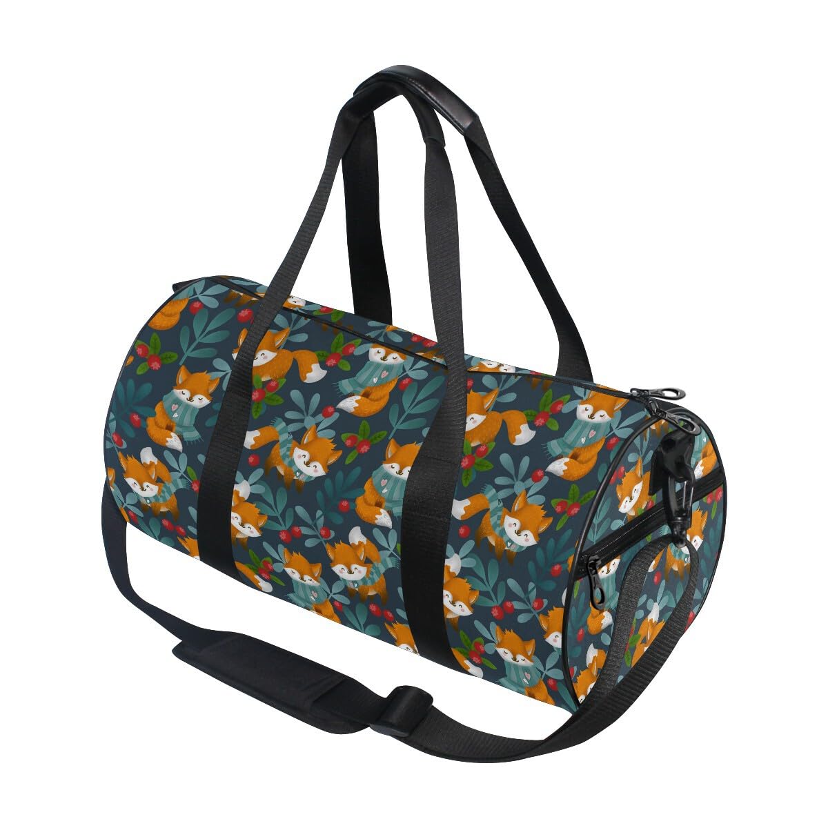 ALAZA Foldable Duffle Bag Womens Mens for Travel Sports Camping Yoga Swim, Cute Winter Forest Animal Fox Small Round Gym Bags with Shoulder Strap Top Handle