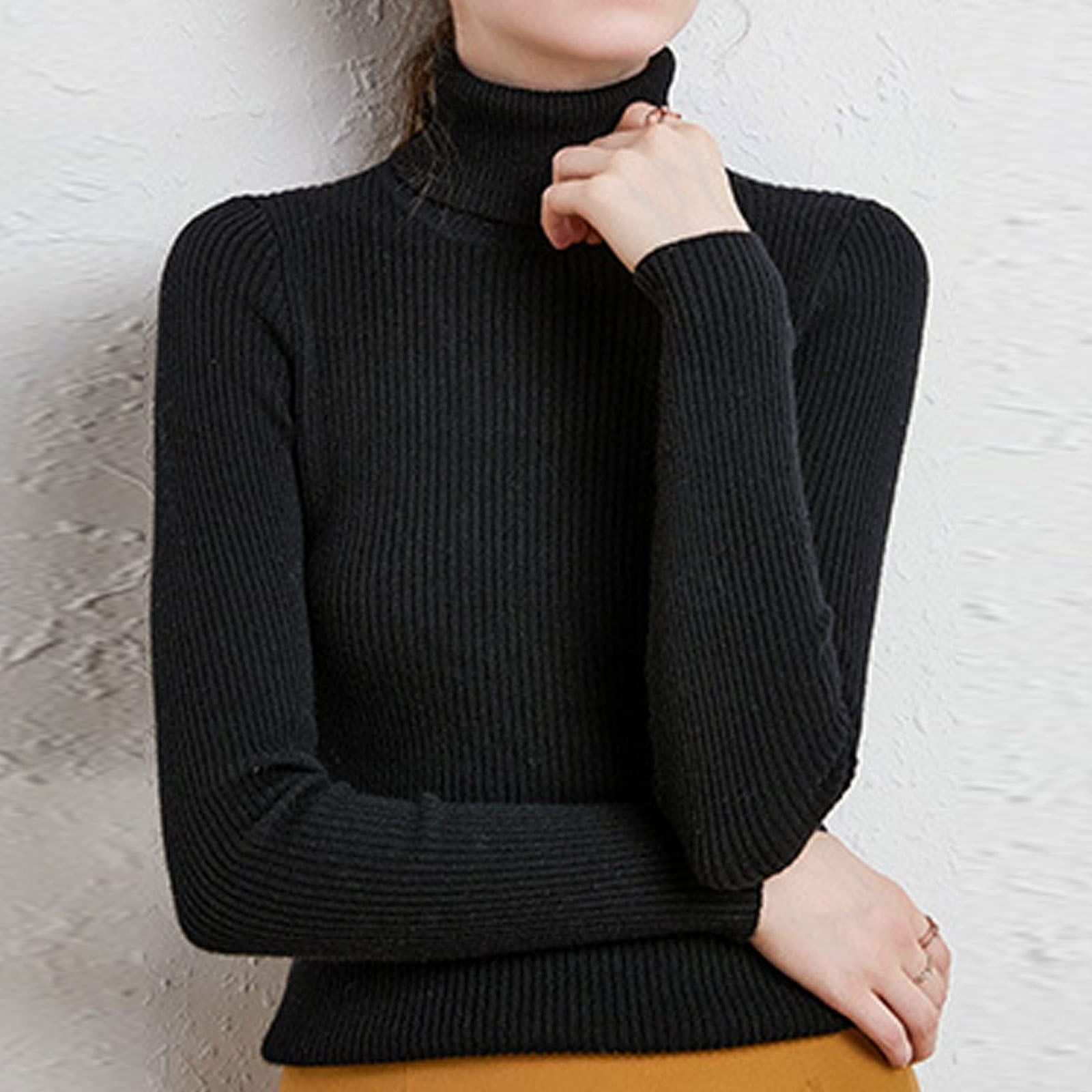 EMDPBD Sweter damski z golfem, dzianinowy sweter z długim rękawem ciepły sweter na co dzień ciepły dzianinowy sweter topy, czarny-XL