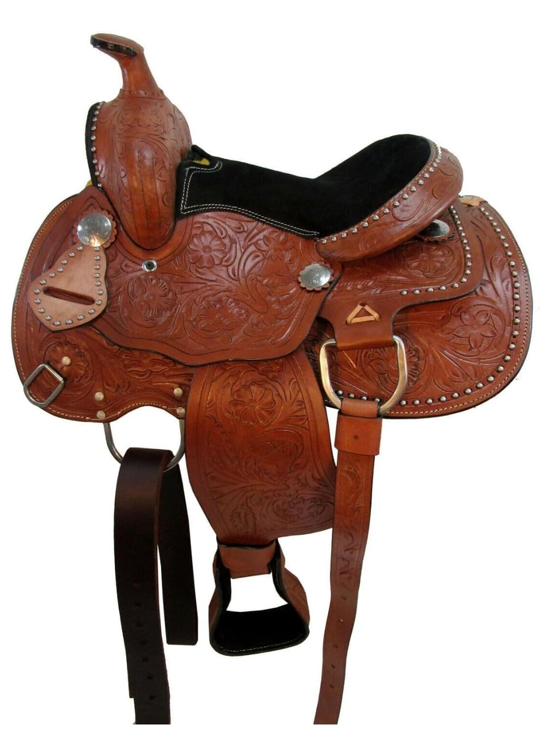 Bambini Giovani Pony Sella Pelle Western Horse Bambini Barrel Trail Floral Tooled 25,4 cm 27,9 cm 30,5 cm
