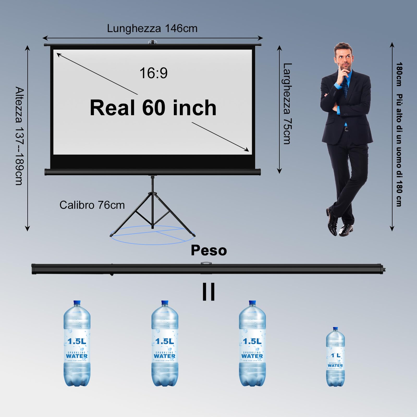 VISULAPEX 60" Schermo Proiettore 16:9 Telo Proiettore con Supporto Regolabile con Borsa per il Trasporto, Schermo per Proiettore da Interni e Esterni per Film/Presentazioni