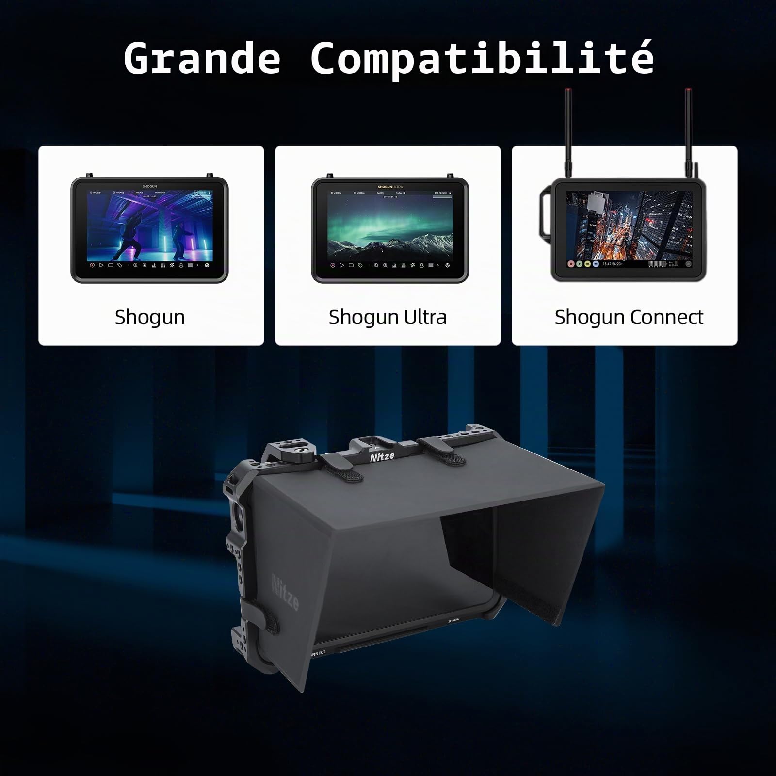 Nitze Cage pour Moniteur Atomos Shogun/Shogun Ultra/Shogun Connect, Cage de Moniteur avec Plaque de Montage et Capot Soleil - JT-A03C