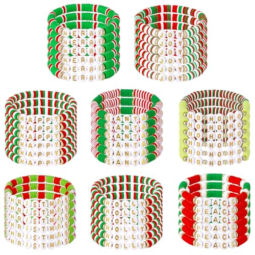 48 Pcs Thanksgiving Day/Halloween/Christmas Bracelets Bulk Festive Polymer Clay Beaded Bracelets Pumpkin Turkey Boo Skull Joy Merry HoHoHo Stretch Jewelry Gifts for Holiday Friend