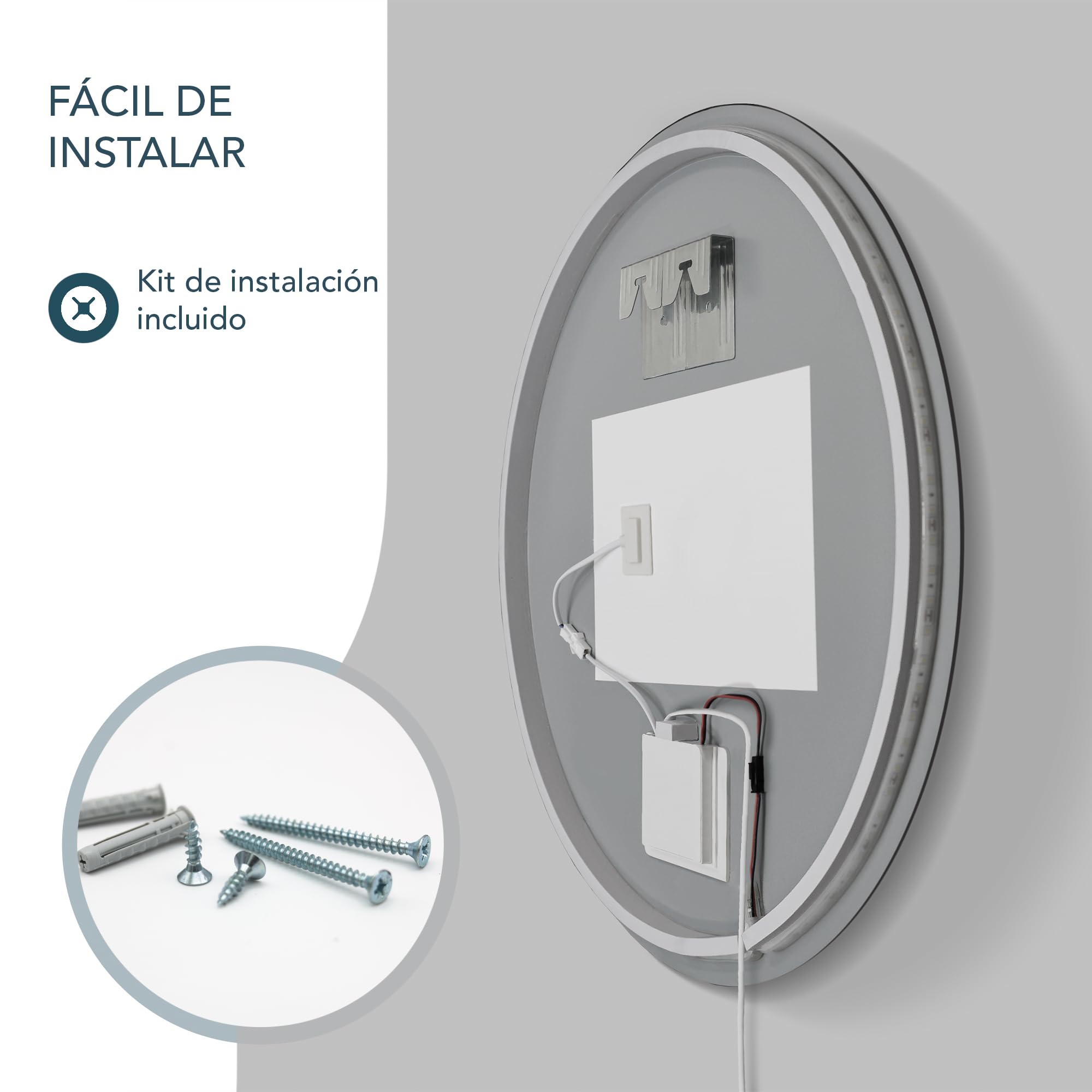 Espejo de Baño Redondo con Luz LED Regulable, Antivaho, Interruptor Táctil, Iluminación Frontal y Retroiluminada, Diseño Moderno, Bajo Consumo, Fácil Instalación Ø100 cm