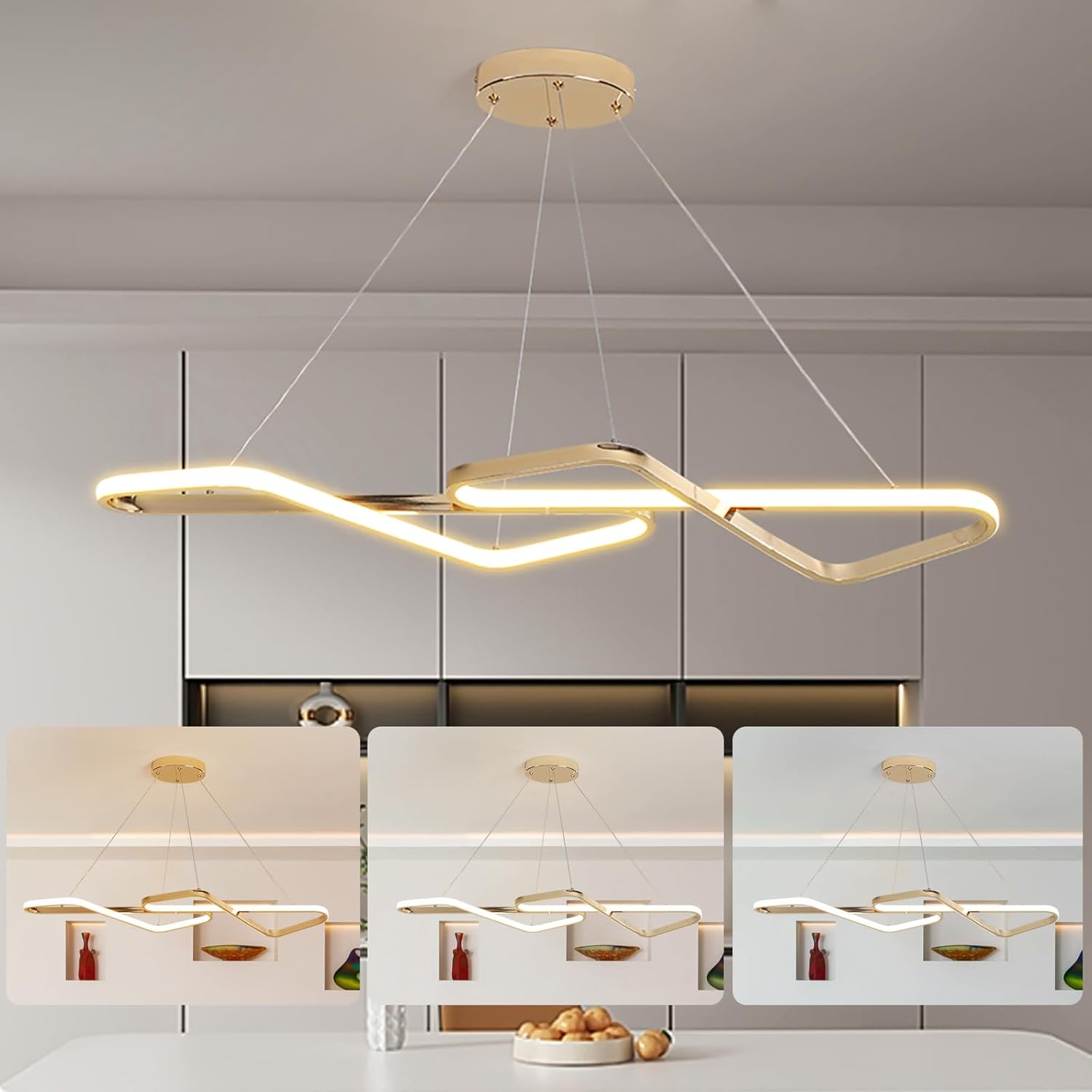 33 in Dimmable Modern LED Chandeliers for Dining Room - Adjustable Height Pendant Light Fixture Over Table, Contemporary Gold Chandelier Light Fixture (Gold 33") Gold 33”