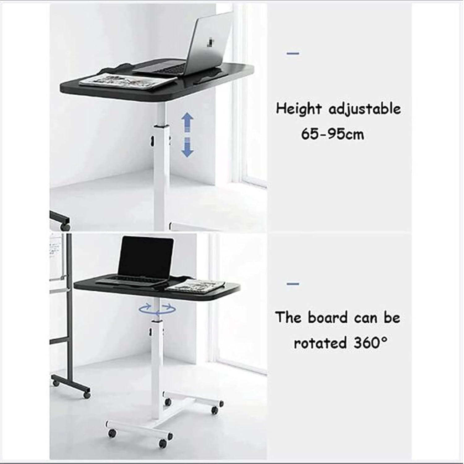 Altura Mesa de Overbed ajustable con ruedas bloqueables, inclinación de escritorio 65-95cm, bandeja de noche portátil para ordenador portátil, oficina en casa, recuperación hospitalaria, diseño ergonó