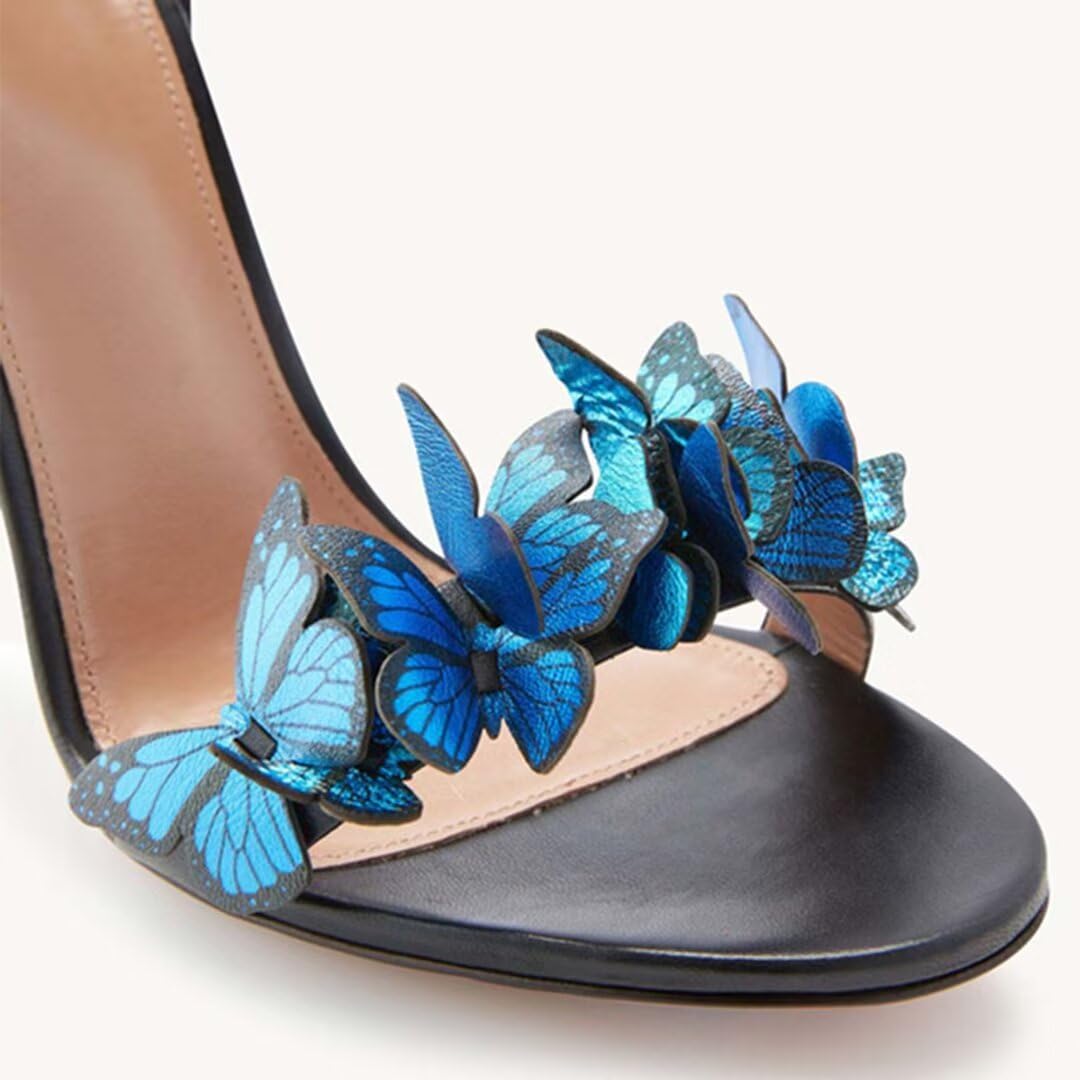 Sandali da donna con tacco a spillo con avvolgente alla caviglia a forma di farfalla, punta aperta, scamosciati, con lacci, eleganti, con tacco alto, per matrimonio e feste, nero, 40 EU