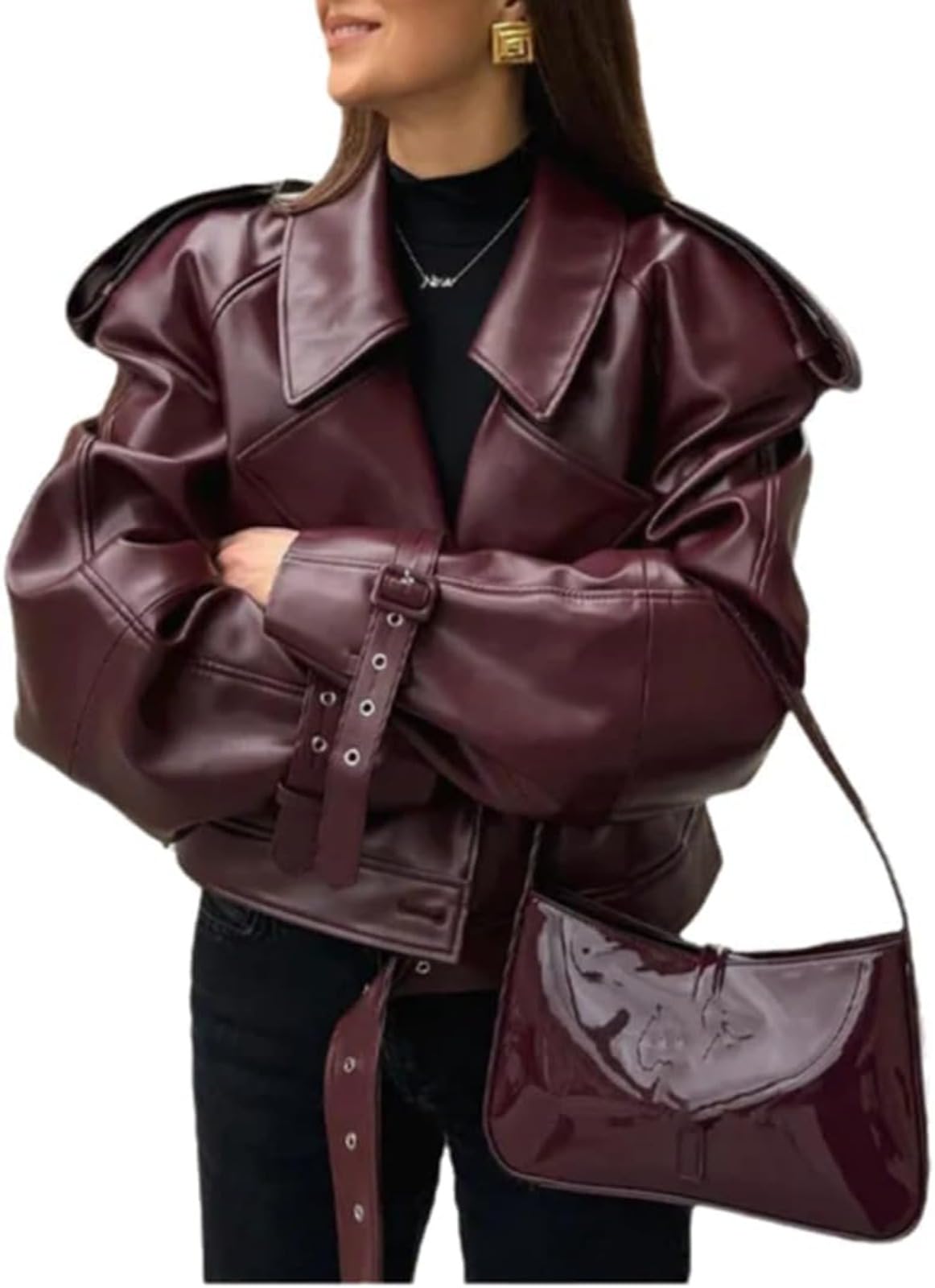 Generico Giacca Da Donna in PU Con Revers Retrò Stile Motociclista Tendenza Moda Giacca Da Ufficio Elegante Casual E Comoda A Maniche Lunghe Per Primavera E Autunno