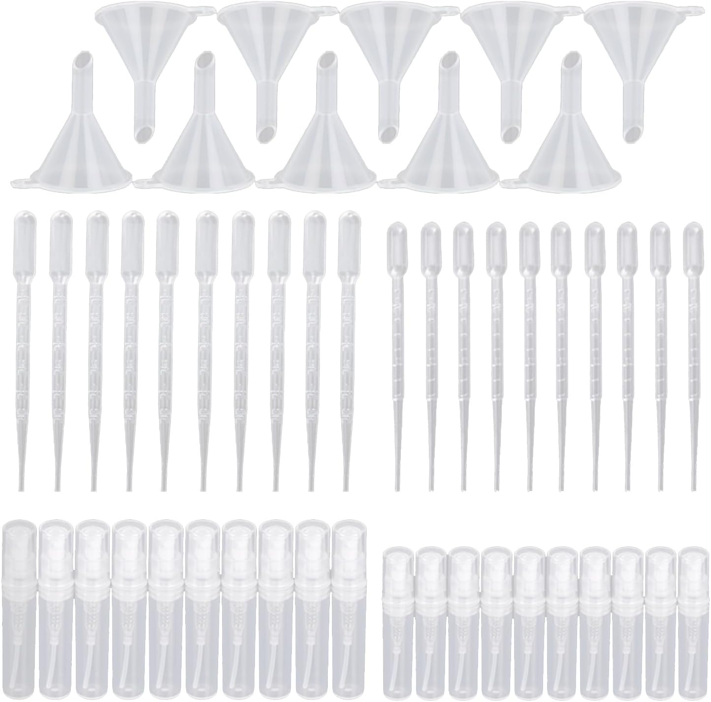 20 Pcs Mini Clear Plastic Spray Bottle Set (2ml, 3ml), With 20 Plastic Transfer Pipettes and 10 Funnels, Refillable Empty Travel Bottle Kit for Perfume, Essential Oils, Travel (50PCS)