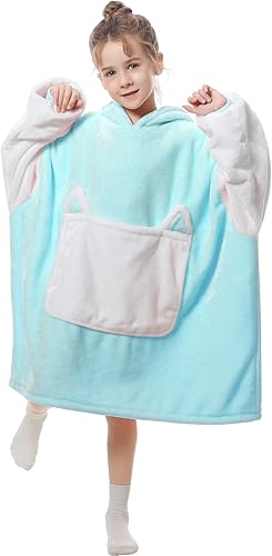 Aemilas Manta con capucha, manta de franela de gran tamaño con bolsillo en capucha y mangas, acogedora manta de felpa suave y cálida para niños,