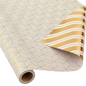 AUCLAY Reversible Wrapping Paper for Birthday Christmas Wedding Baby Shower Holiday – Gold Foil Stripe and Geometric Design – All Occasion Gift Wrap Paper Roll, 17.7 Inch X 33 Feet