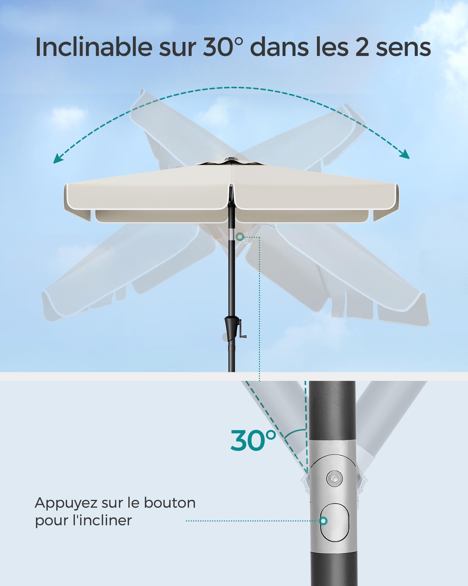SONGMICS Parasol rectangulaire 200 x 150 cm, protection solaire UPF 50+, pliable des deux côtés à 30°, pour jardin, terrasse, sans pied