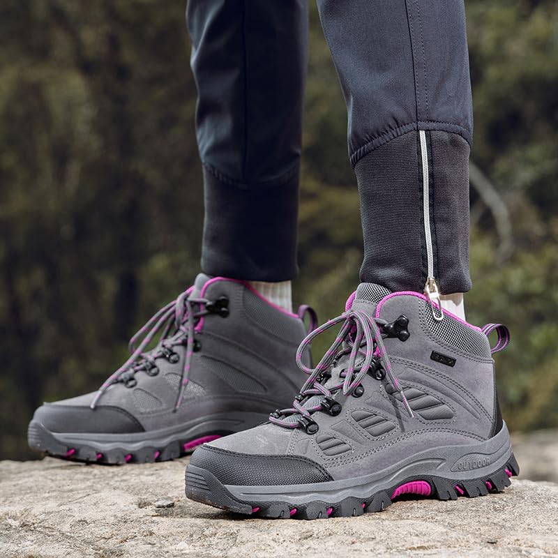 Women's Men's Geometric Pattern Breathable Hiking Shoes | Breathable Mesh & Synthetic Leather Upper, Cushioned TPR Sole for Outdoor Camping & Urban Adventures, White/Pink/Grey2