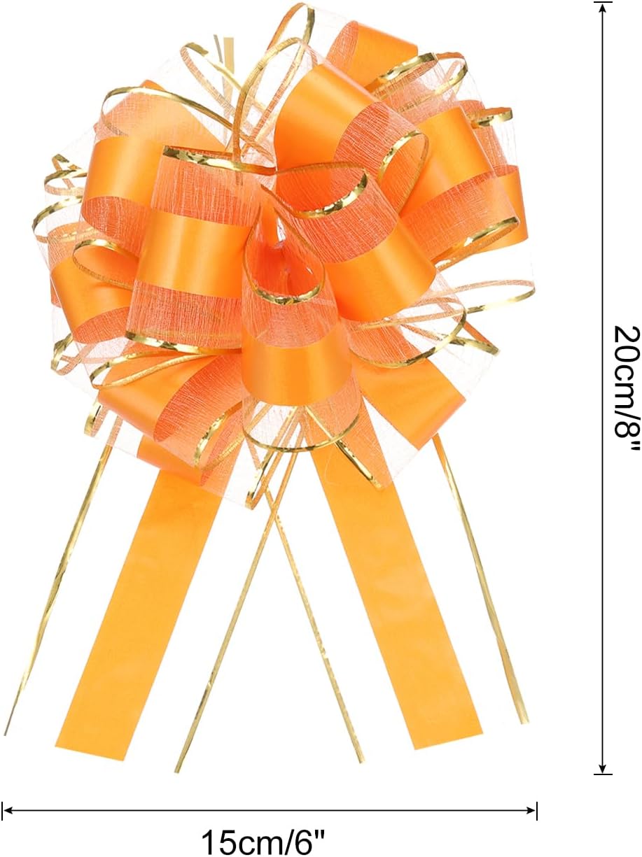 MECCANIXITY 5pcs 6 Inch Large Big Pull Bow with Gold Edge, Organza Car Gift Wrapping Bows Ribbon for Wedding Car Baskets Presents Christmas Bow, Orange