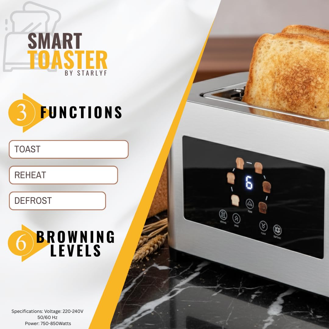 STARLYF Smart Toaster, Tostadora 2 Rebanadas con Pantalla Táctil LED, Ranuras Extra Anchas, 6 Niveles, Funciones Recalentar/Descongelar/Parada, Acero Inoxidable