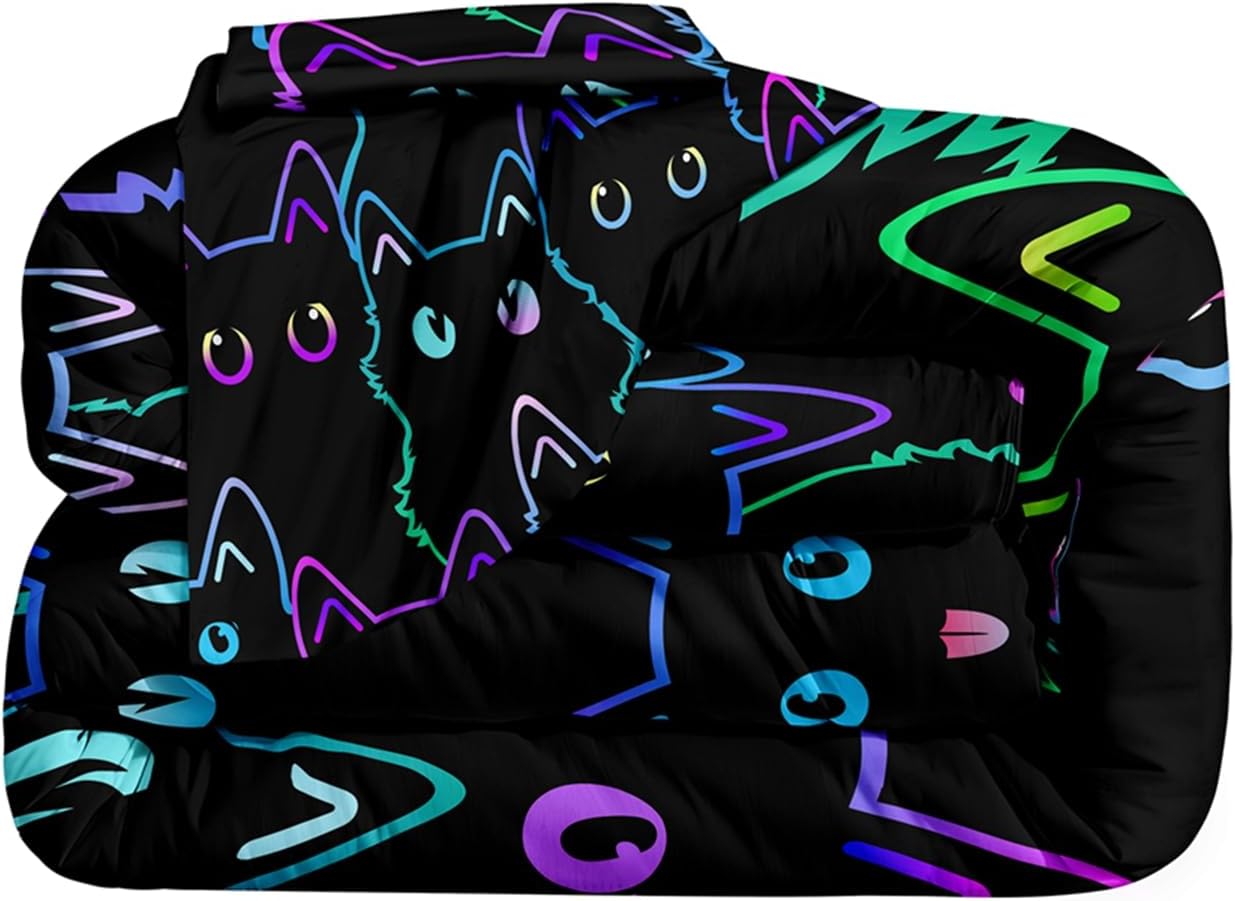 6 Piece Cat Comforter Set Full Size Bed in A Bag set Cute Black Cat Bedding Set for Girls Boys Kids Teens (with 1 Comforter,1 Flat Sheet,1 Fitted Sheet,2 Pillowcases,1Cushion Cover)Cats 5001-6Pcs F