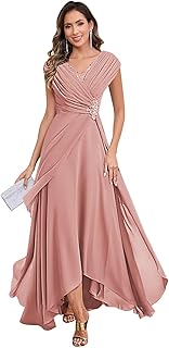 Beaded Mother of The Bride Dresses with Cape Sleeves V Neck Chiffon Pleated Tea Length Formal Evening Gown