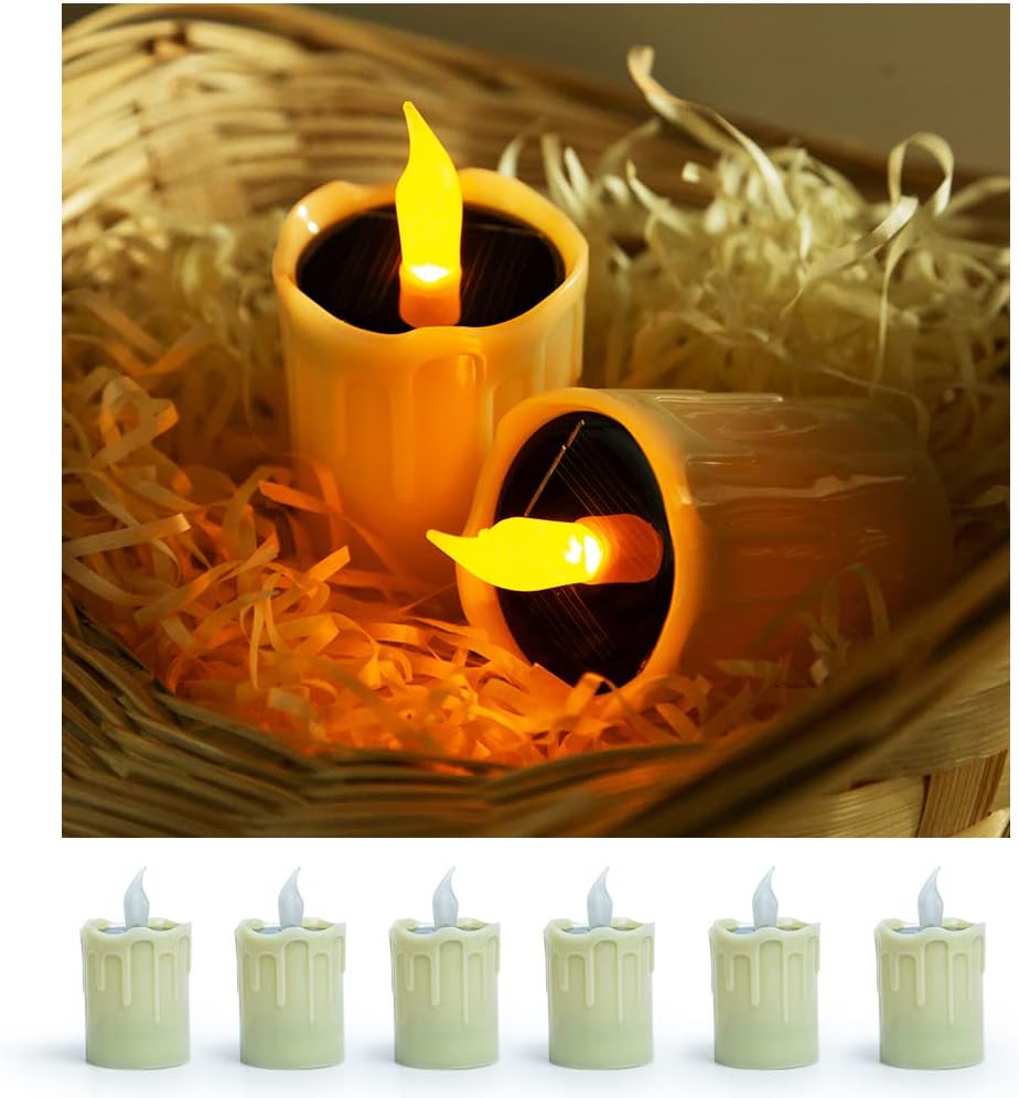 Solar Candles Lights, Warm Yellow Flashing Light, Solar Charging Tea Wax Light, 6 fire Wax Lights, Suitable for Weddings, Valentine's Day, Halloween, Christmas, Garden Decoration, etc.