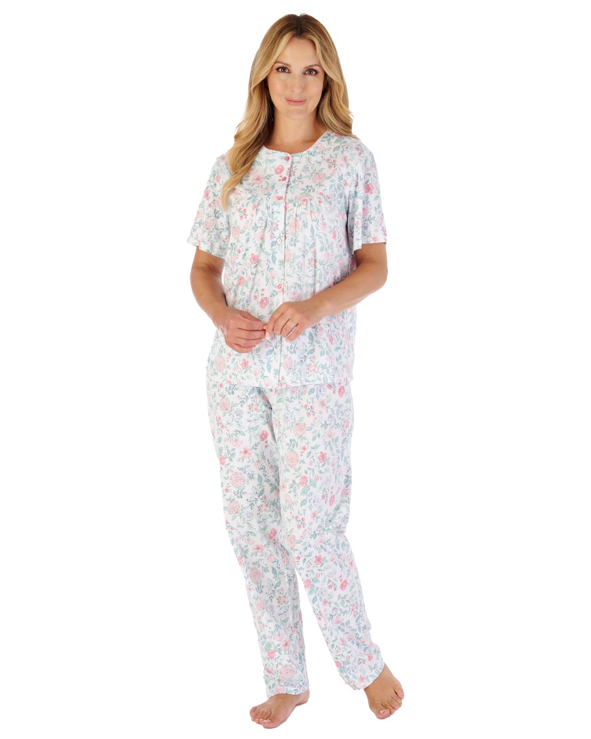Slenderella Floral Short Sleeve Button Pyjamas PJ03134 Pink 12-14