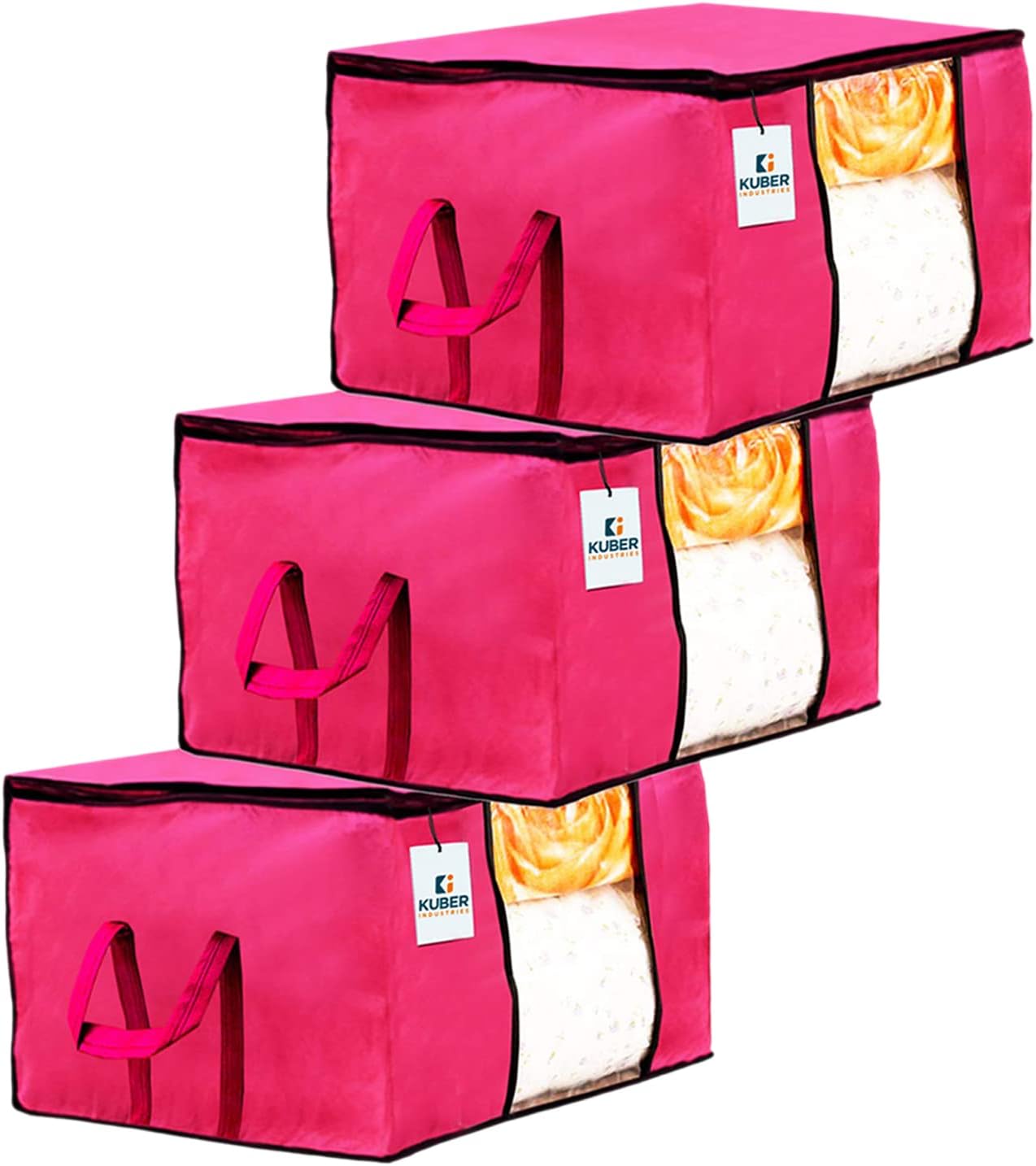 Kuber Industries Solid Underbed Storage Bag|Non-Woven Comforter, Blanket Cover|Premium Zipper With Side Handles|Multi-purpose Storage Organiser|Pack of 3 (Pink)