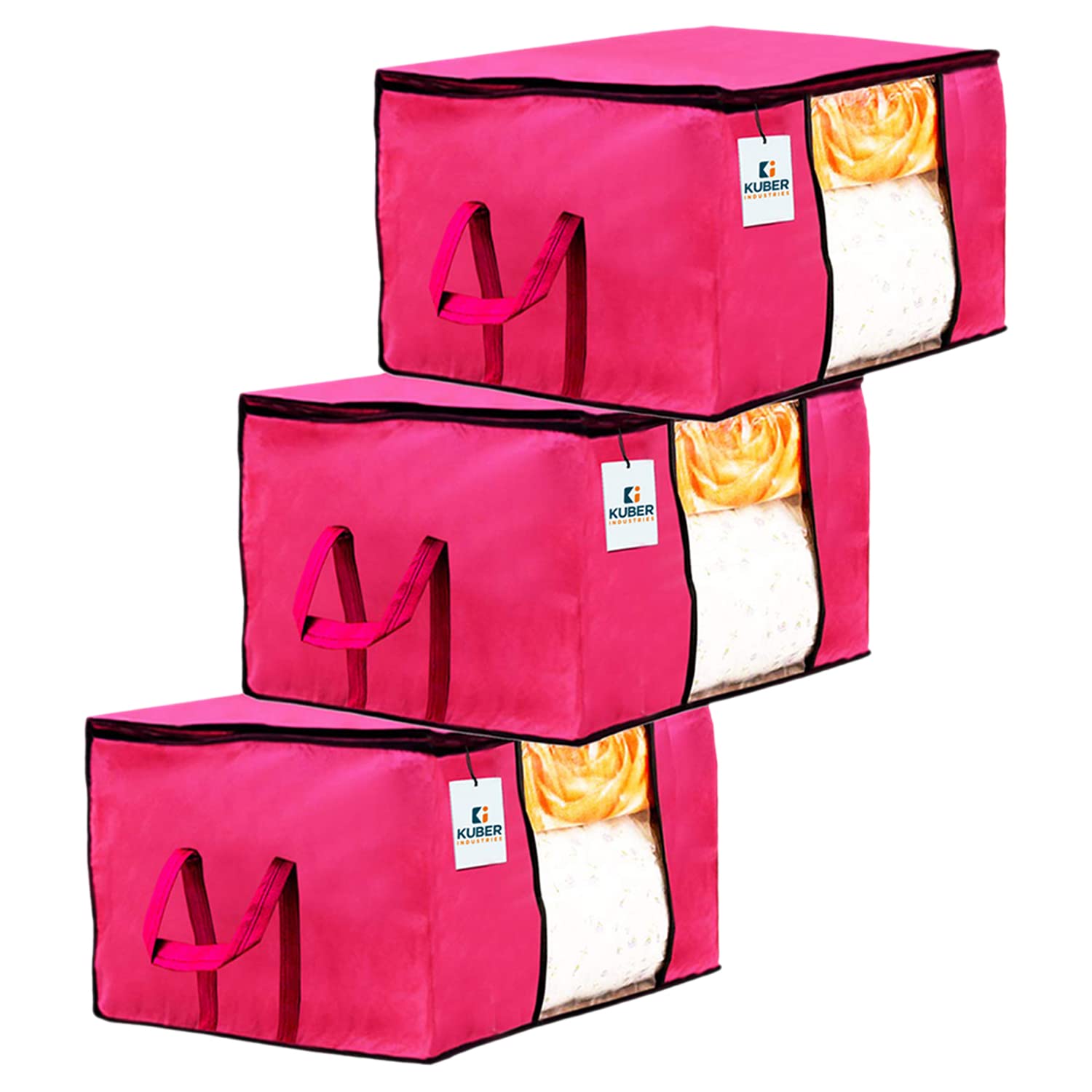 Kuber Industries Solid Underbed Storage Bag|Non-Woven Comforter, Blanket Cover|Premium Zipper With Side Handles|Multi-purpose Storage Organiser|Pack of 3 (Pink)-image-20