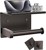 Vista 6 de Tindbea Toilet Paper Holder with Phone Shelf + Towel Robe Hooks, Adhesive or Screw Wall Mounted Toilet Paper Roll Storage, Stainless Steel Bathroom