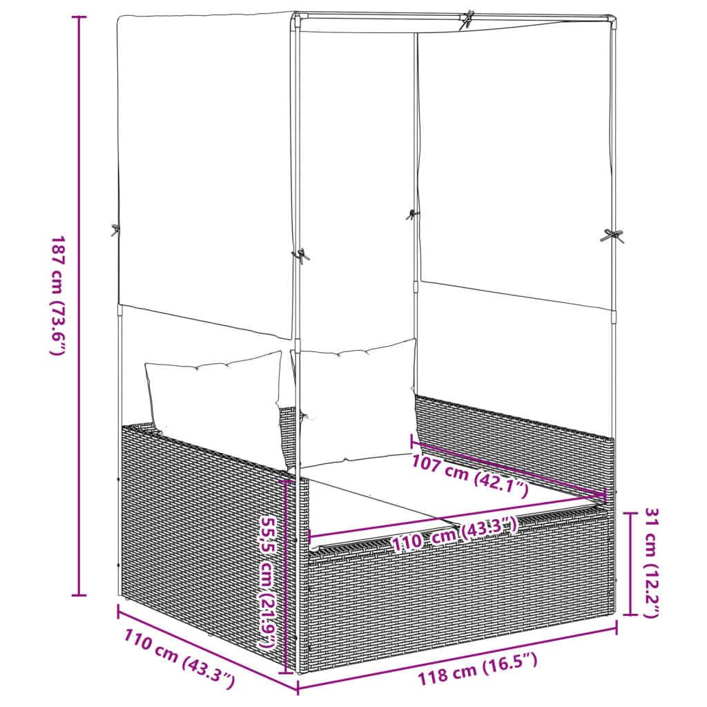 vidaXL Chaise Longue Double avec Toit et Rideaux Gris résine tressée