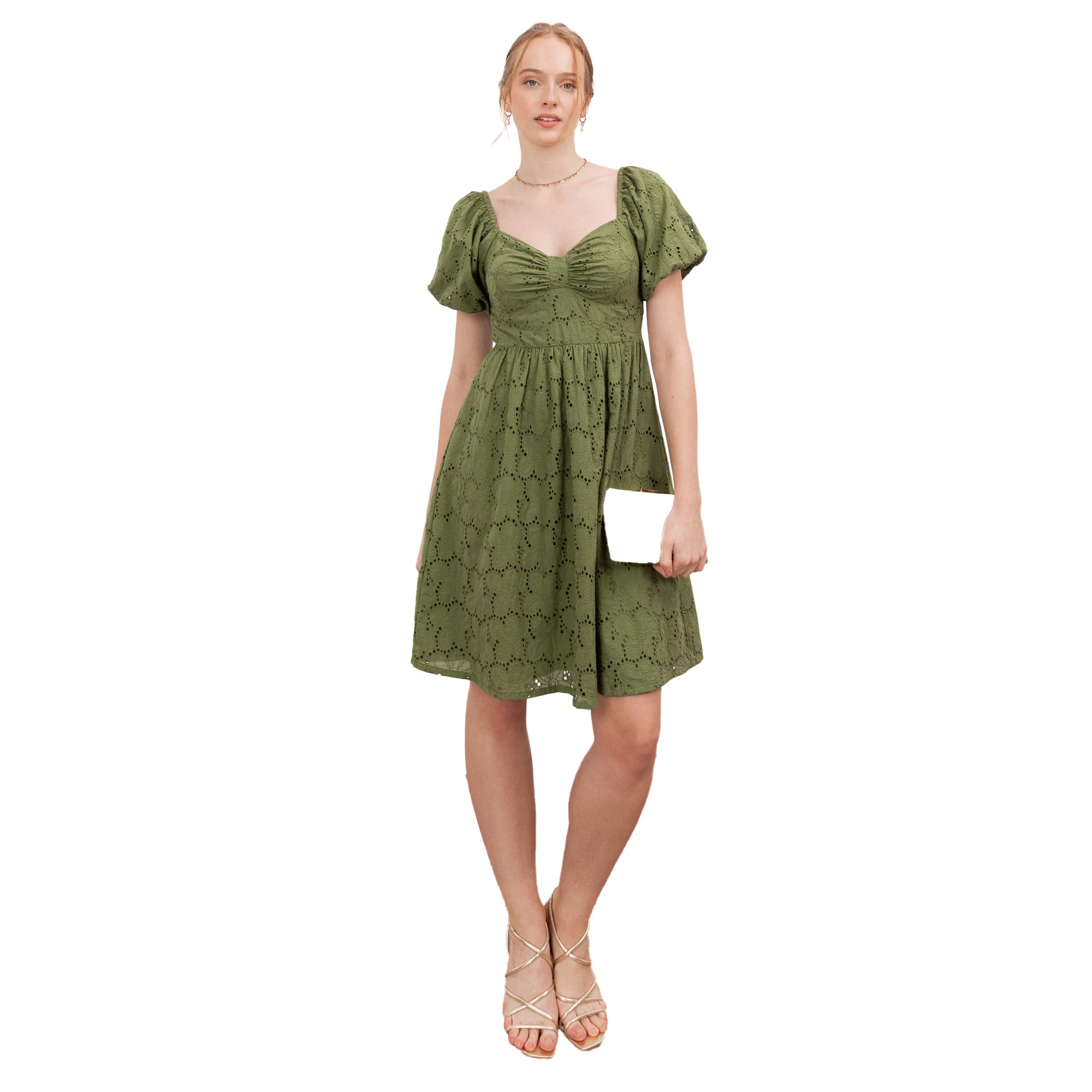Lovedrobe Womens Olive Green Broderie Mini Dress, Short Puff Sleeve Sweetheart Neck Tie Back Occasion Dress Size 20