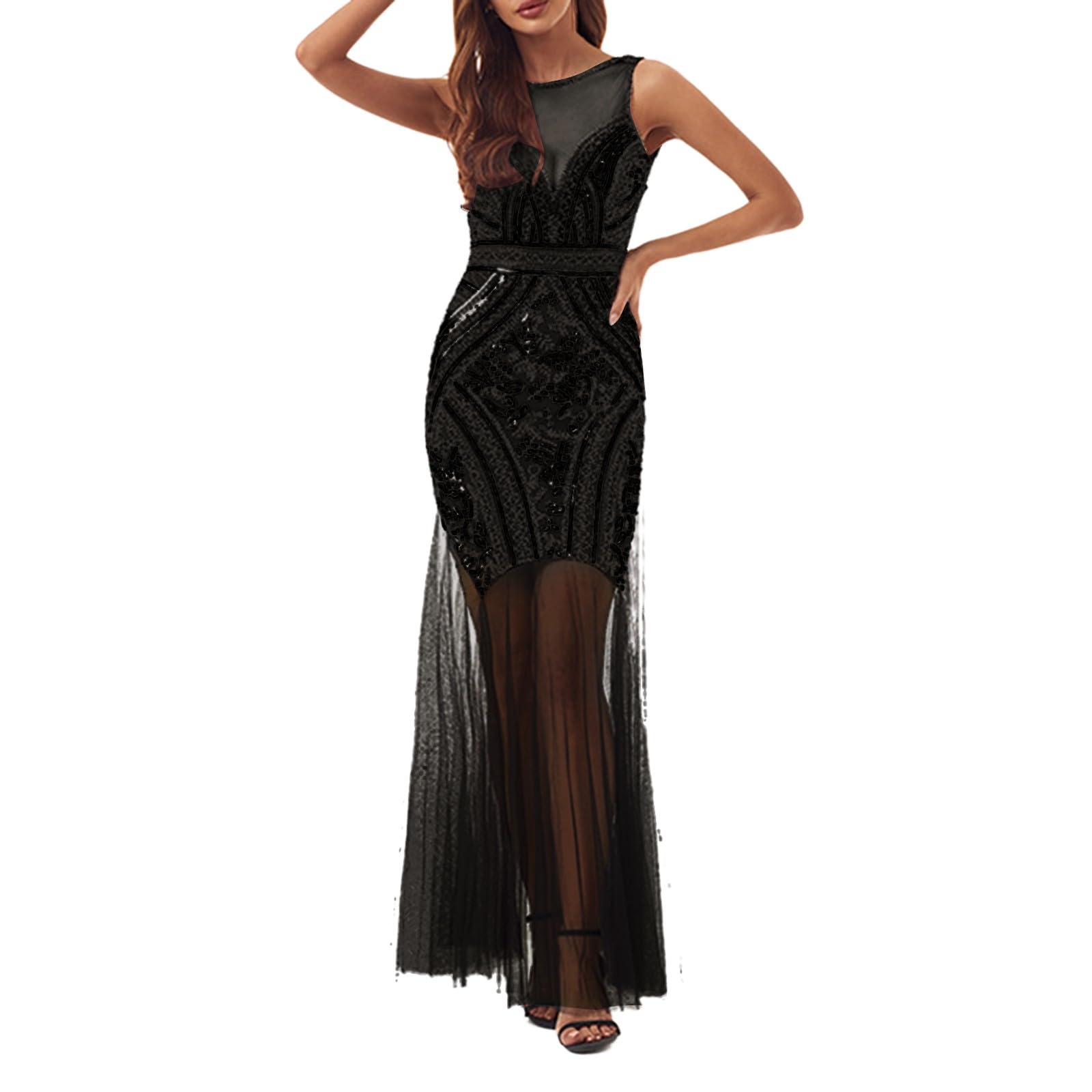 Vestido de Noche Largo Elegante para Mujer con Detalles Retro de Lentejuelas y Chaleco de Malla para Ocasiones Formales y Banquetes de Lujo