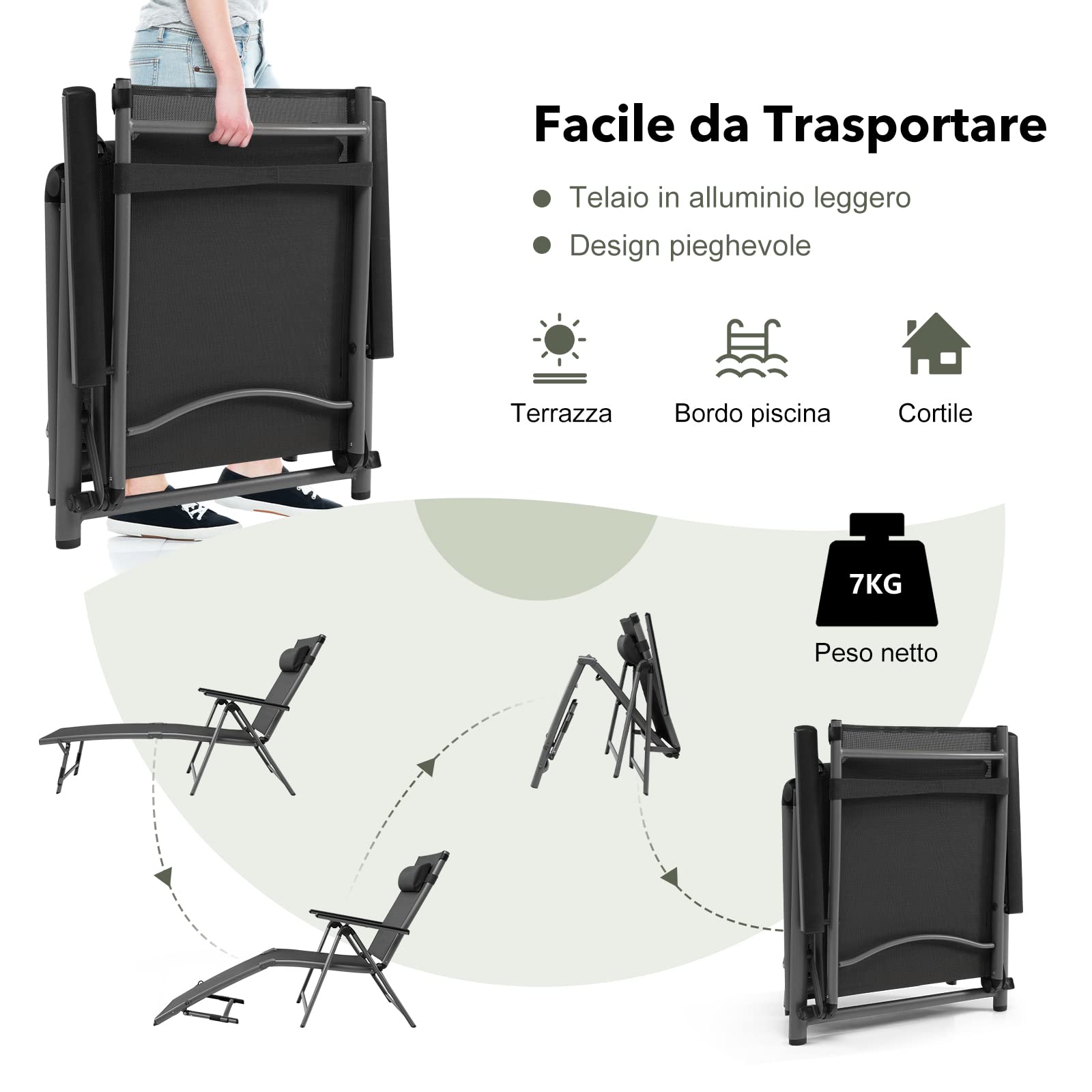COSTWAY Lettino a Sdraio in Alluminio per Esterno, Pieghevole e Leggero | Chaise Longue con Schienale 8 Posizioni, Poggiatesta Rimovibile e Tessuto Traspirante, Ideale per Piscina Spiaggia e Patio