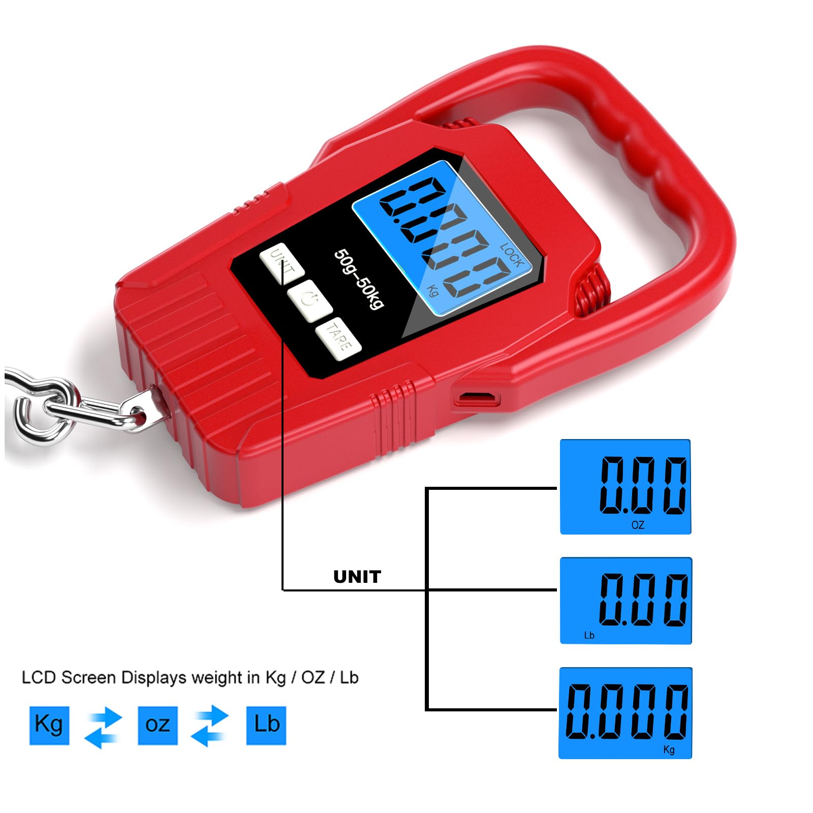 Digitale Fischwaage zum Aufhängen, 50 kg Gepäckwaage, großer Griff und LCD-Display mit Hintergrundbeleuchtung, elektronische Balance, digitale Angel-Postwaage, rot, Angelgeschenke für Männer