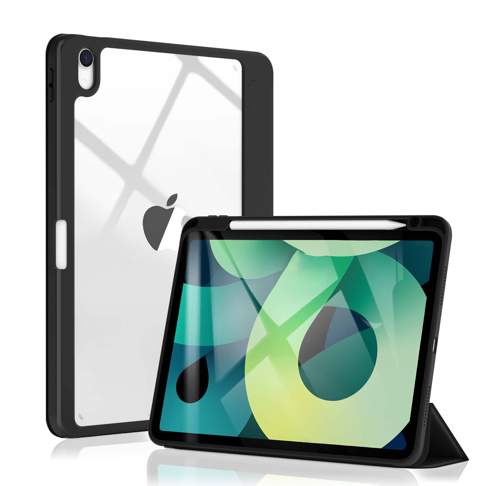 iPad Air 5th Generation Case 2022/iPad Air 4th Generation Case 2020 10.9 Inch with Pencil Charging Holder, Clear Transparent Back Shell,Auto Wake/Sleep,iPad Air 5/4 Case（Black）