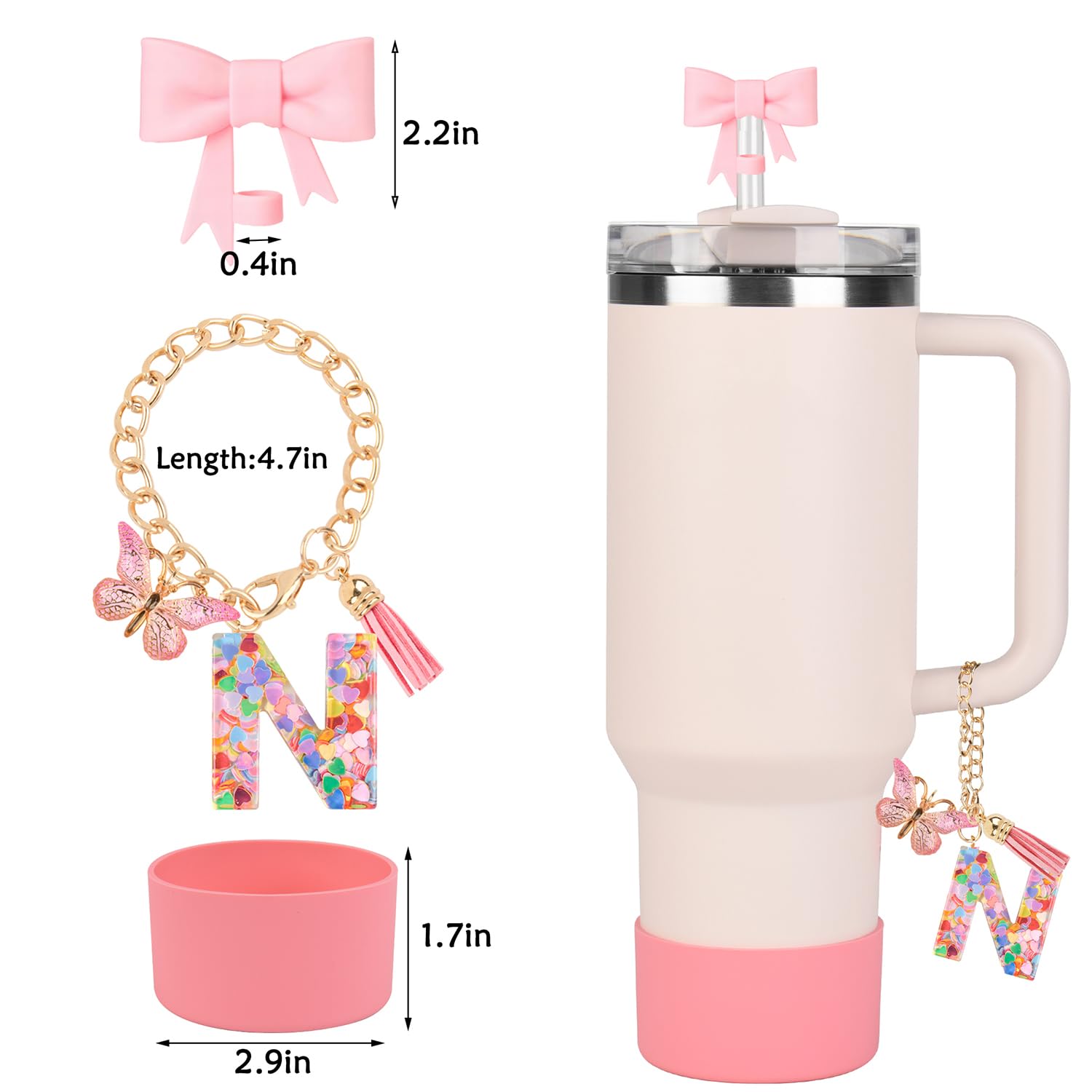 HAIREASON Stanley Cup Accessories Set - 8Pcs Includes Straw Topper, Silicone Boot, Charms, Stickers For 30/40 Oz Tumblers (Pink)