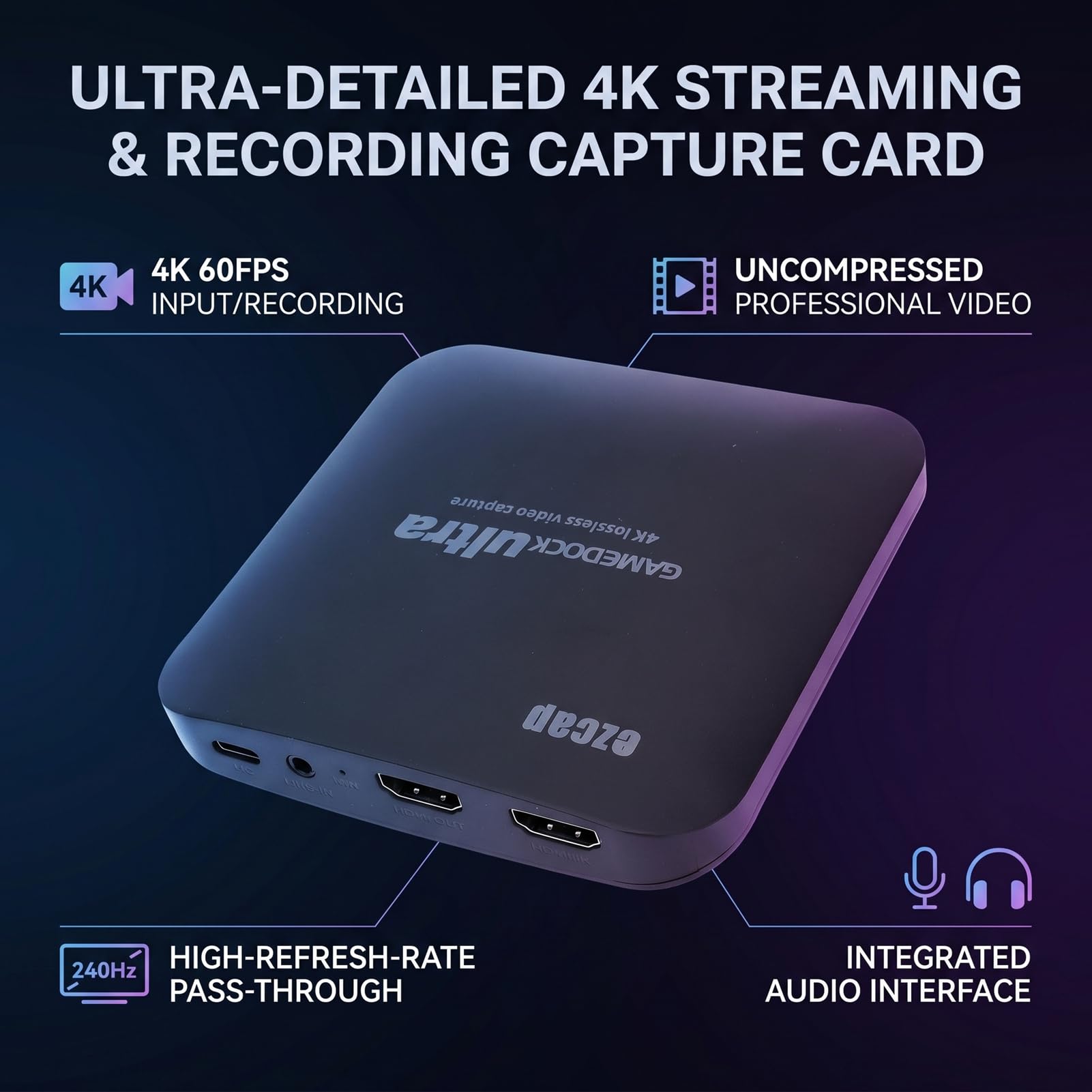 Scheda di Acquisizione Video 4K 60FPS, Dispositivo di Acquisizione da a USB 3.0 con Registrazione 1080p120 Interfaccia da 3,5 Mm Bassa Latenza per Giochi