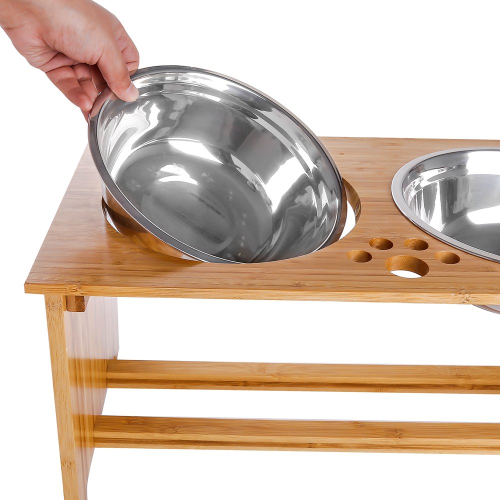 FOREYY Ciotole per cani alzate per cani e gatti Ciotole per cibo e ciotole per cani in bambù Elevated Stands Piatti per mangiatoie con 2 ciotole in acciaio inox e piedini antiscivolo (L)
