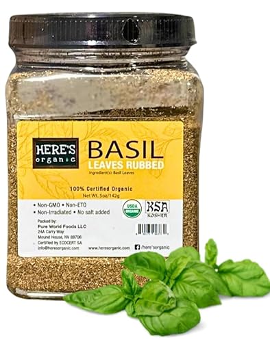 Here's Organic Premium Basil Leaves Rubbed (Dried) - USDA Certified Organic | NON-GMO | Gluten Free | Kosher 5oz in anti-slip Chef's Jar