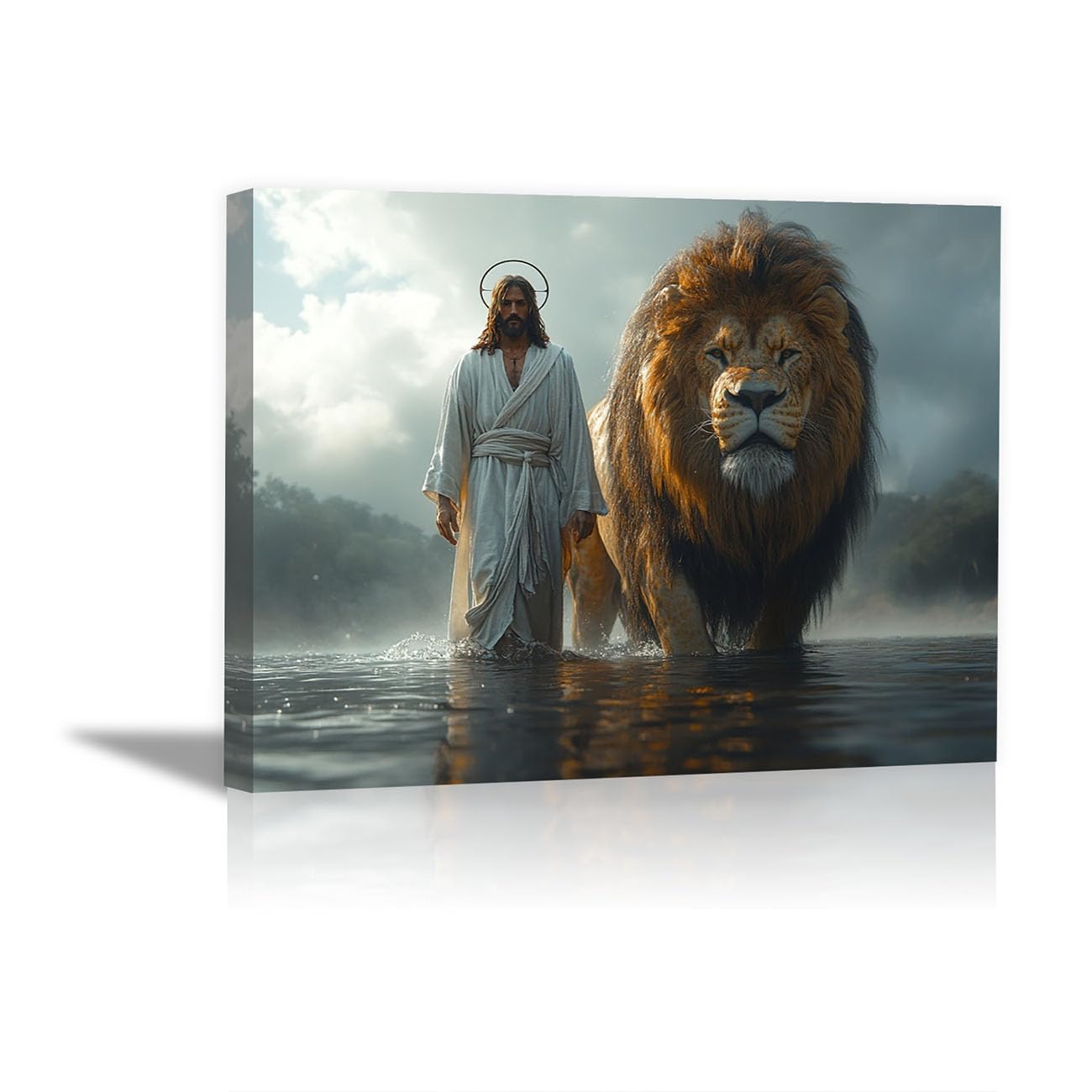 QUSAAOU Religioso Decorativo Christ traverse eau avec lion puissant Pintura Cuadro Pared Lienzo para Salon Décor Dormitorio Oficina Pasillo Cocina Baño（Bleu Brume-40x60cm Enmarcado