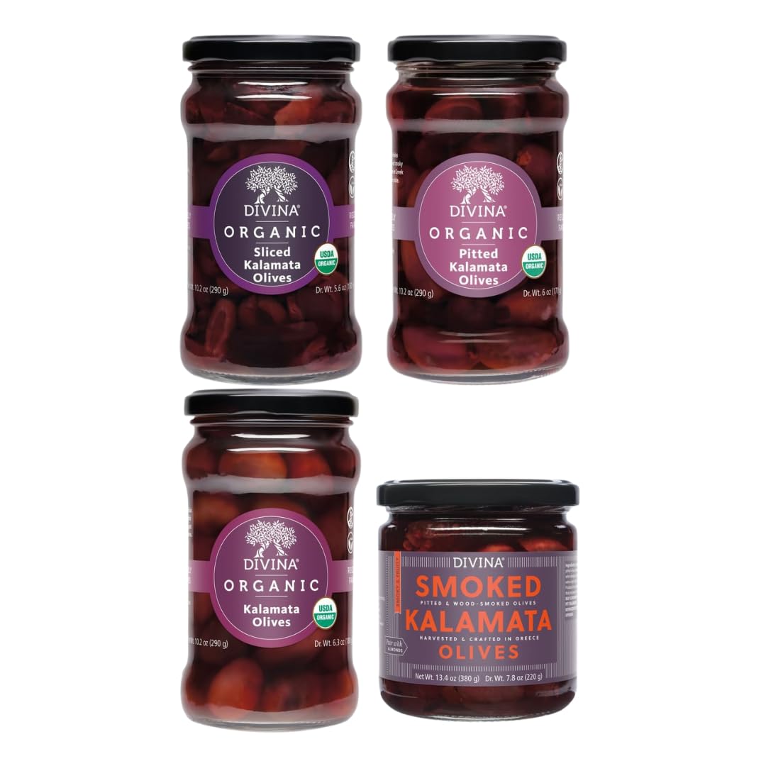 DIVINA Olive Variety Assorted: Organic Pitted Kalamata Olives, Whole, Sliced & Smoked (Variety 4-Pack, 1 each)
