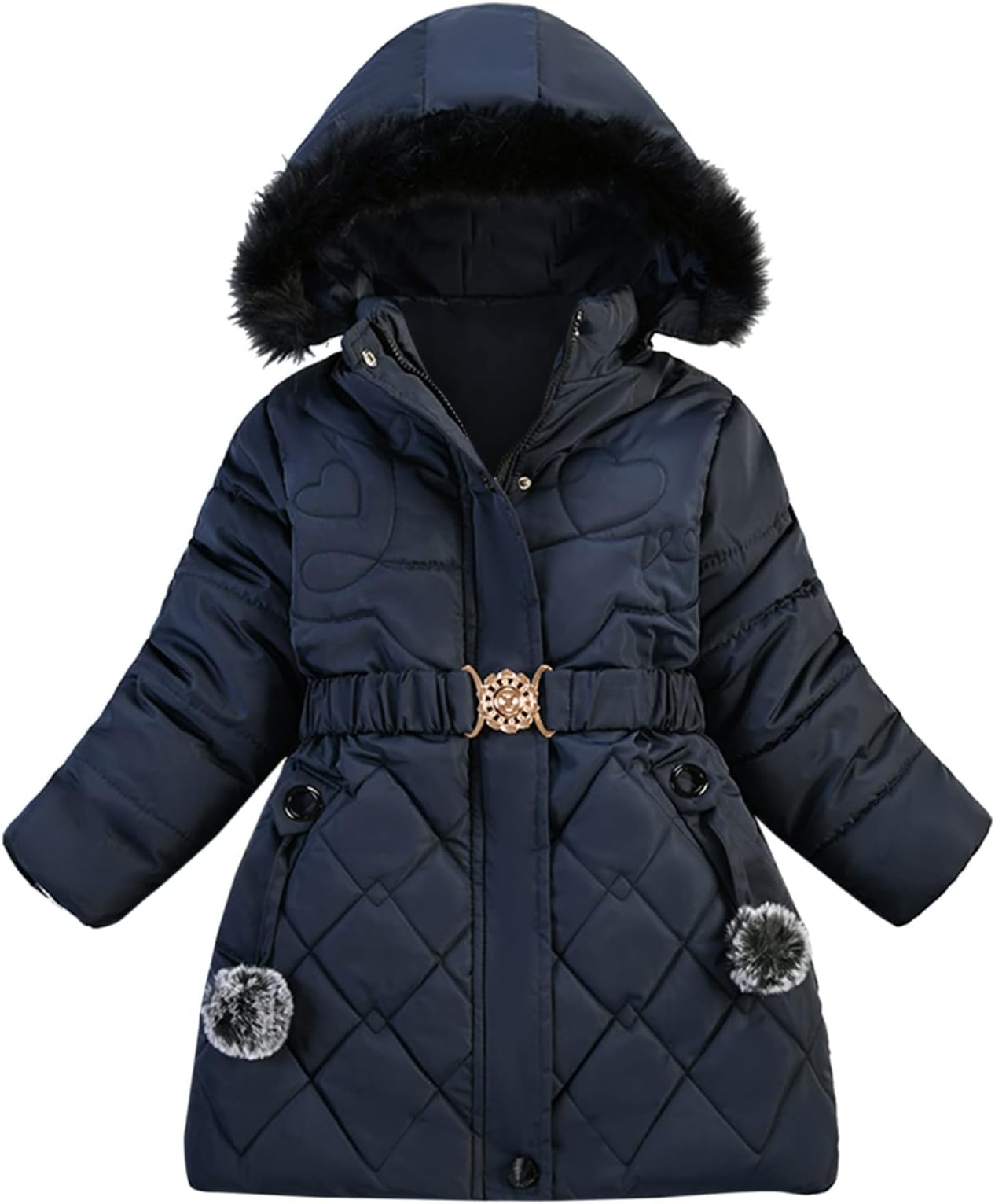 Buolo Toddler Girls Down Jackets Faux Fur Fleece Lace Decor Fashion Pompom Elegant Warm Snow Coat Hooded Padded Parka