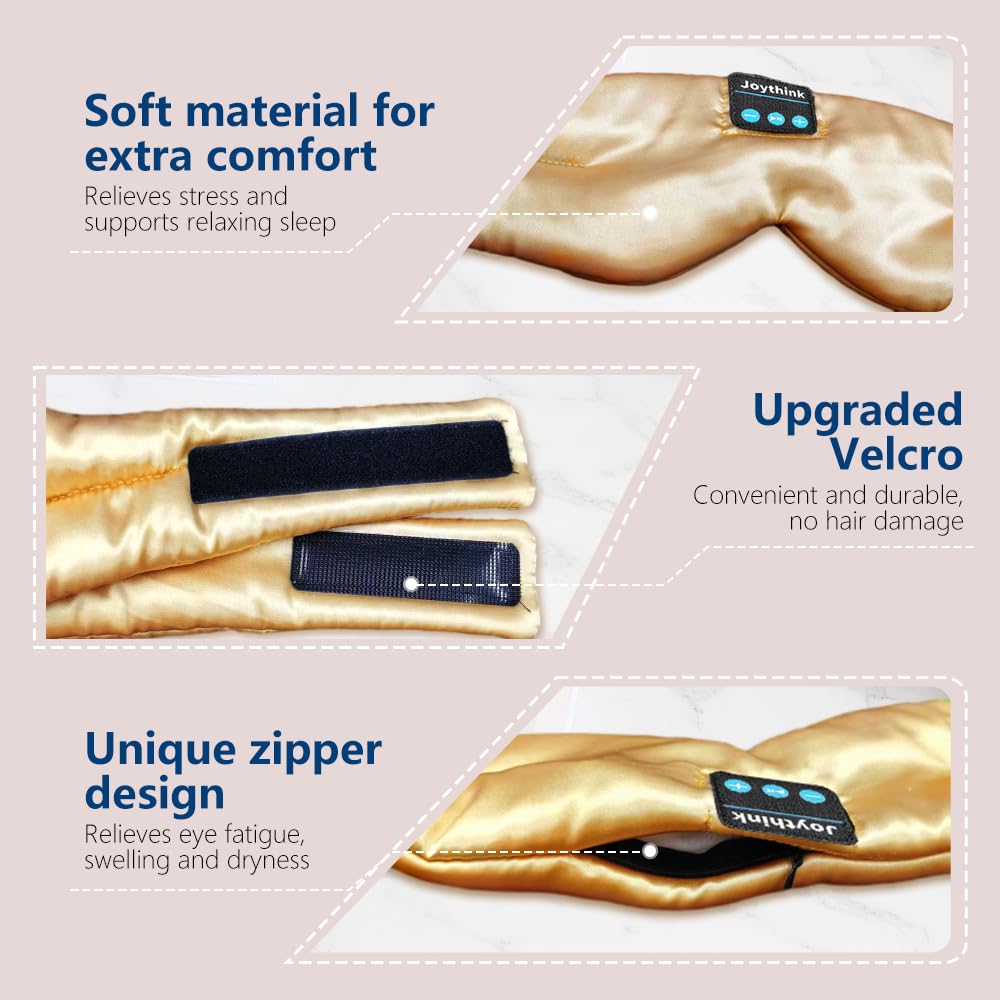 Joythink Cuffie per dormire Bluetooth Maschera per dormire Fascia di seta Auricolari Maschera per dormire sul lato Blackout Morbido Sonno Auricolari Bambini Bambini Musica Eye Cover Champagne Oro
