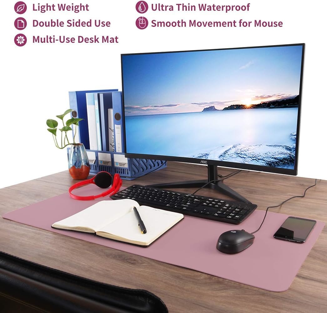 Office Desk Pad,Mouse Pad,Dual Sided Leather Desk Pad,Desk Blotter Protector,Non-Slip Laptop Desk Pad,Easy Clean Desk Mat for Home or Office,Light Purple/Pink