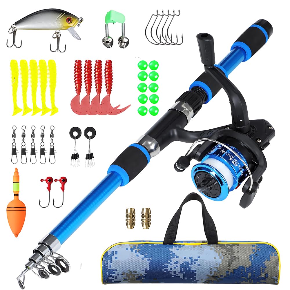 NAVESO Angelset für Kinder,1.8m Teleskop Angelrute Set Kinder mit Angelrolle,Kinderangel Starter Set mit Angelrolle Köder und Angel Zubehör Set,Kohlefaser Angelruten und Rolle für Jungen und Mädchen