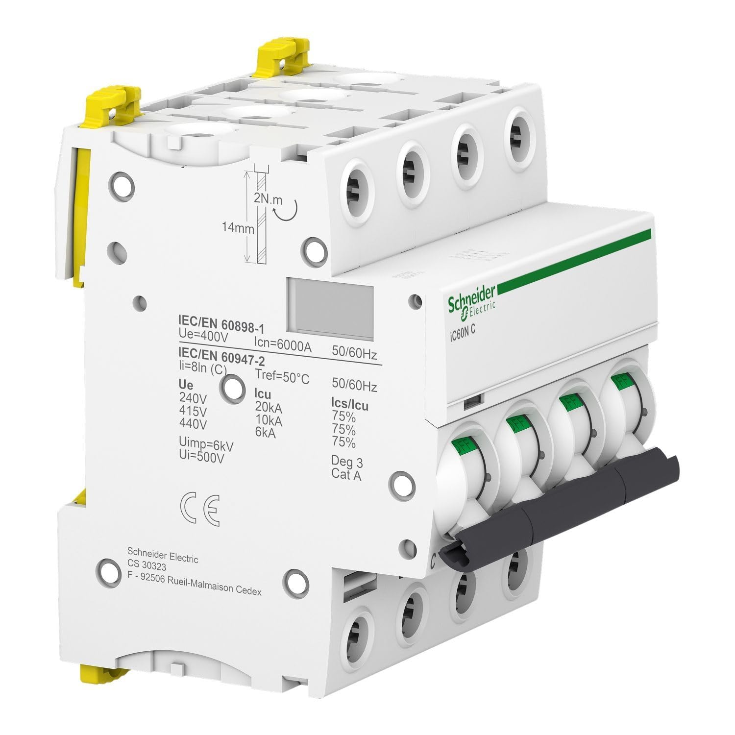 Schneider Electric a9 °F74420 IC60 N disjoncteur, acti9, courbure C, 4P, 85 mm Hauteur X 72 mm largeur X 78.5 mm profondeur, 20 A Courant, 50/60 HZ, Blanc
