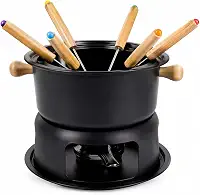 Kit Fondue 11 Peças, Panela Antiaderente com Alças de Madeira, Capacidade 900ml, para Carne, Chocolate e Queijo, até 6 Pessoas